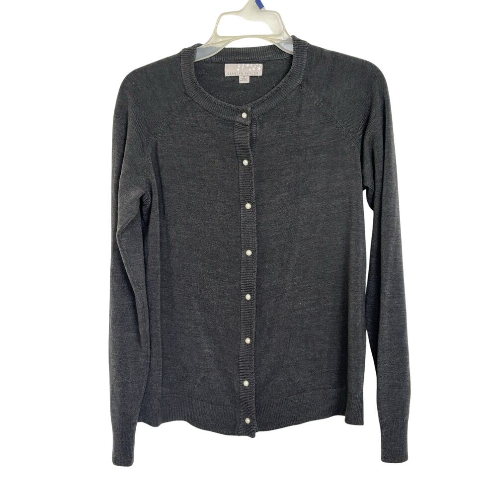 Carolyn Taylor Gray Pearl Button Front Cardigan Size Medium Dark Academia Preppy